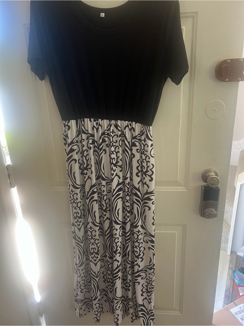 Black Top Maxi Dress with Black & White Patterned Skirt